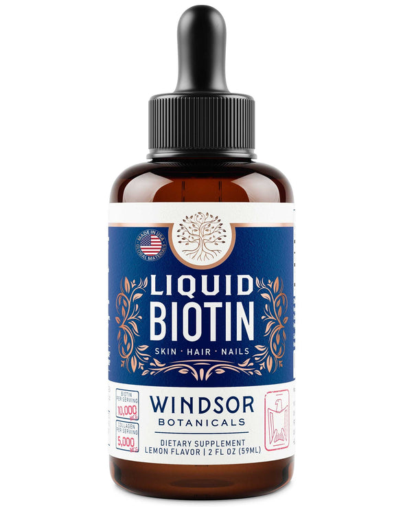 Concentrated Liquid Biotin Plus Collagen Peptides - Hair, Skin, Nail, Joints Support - Sublingual Drops by Windsor Botanicals - 10,000mcg Biotin, 5,000mcg Collagen - Lemon Flavor - 2-Month - 2 oz