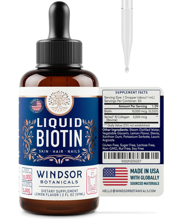 Concentrated Liquid Biotin Plus Collagen Peptides - Hair, Skin, Nail, Joints Support - Sublingual Drops by Windsor Botanicals - 10,000mcg Biotin, 5,000mcg Collagen - Lemon Flavor - 2-Month - 2 oz
