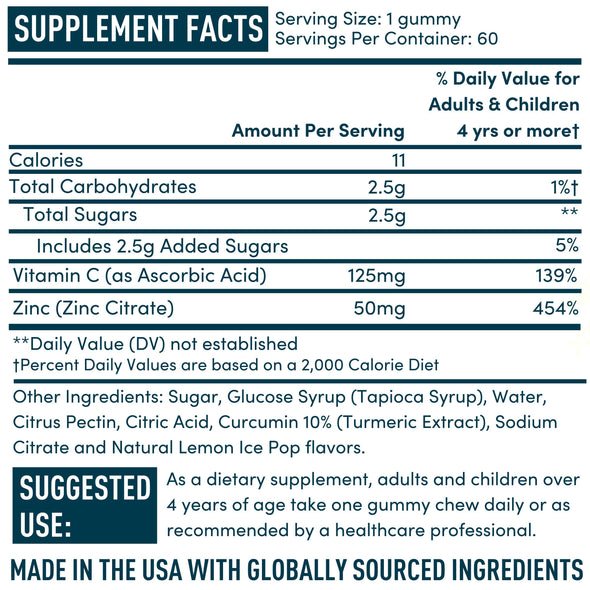 Zinc Gummies with Vitamin C - 60 Lemon Ice Pop Flavored Vegan Gummy Chews - 50mg Zinc Plus Turmeric Curcumin Extract - Windsor Botanicals High-Potency Immune, Cardiovascular, Brain Function Support